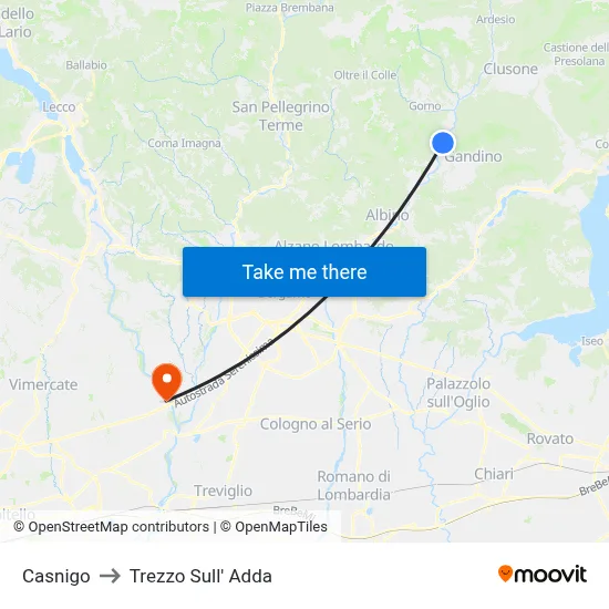 Casnigo to Trezzo Sull' Adda map