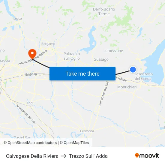 Calvagese Della Riviera to Trezzo Sull' Adda map