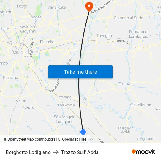 Borghetto Lodigiano to Trezzo Sull' Adda map
