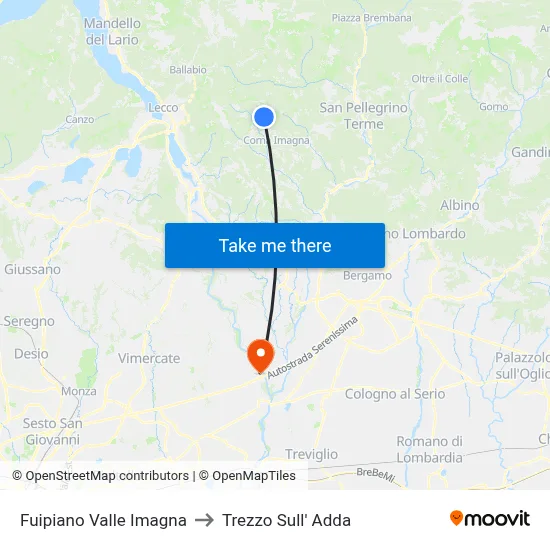 Fuipiano Valle Imagna to Trezzo Sull' Adda map