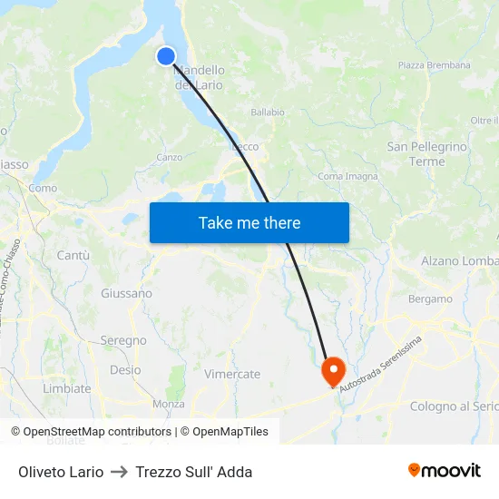 Oliveto Lario to Trezzo Sull' Adda map