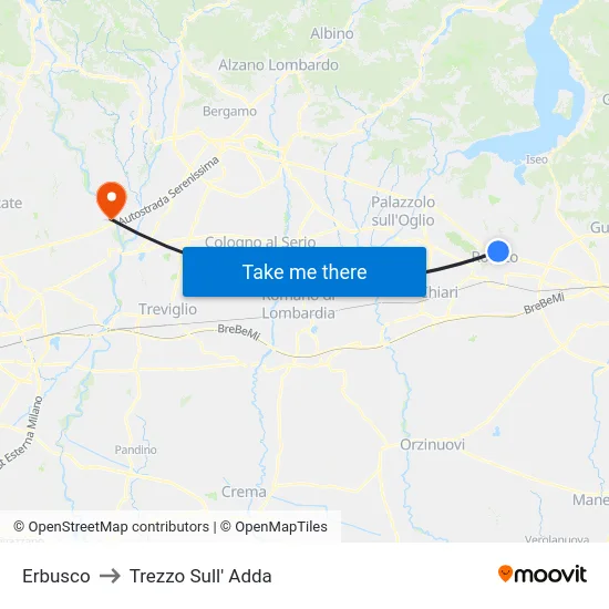 Erbusco to Trezzo Sull' Adda map