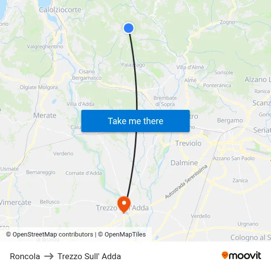 Roncola to Trezzo Sull' Adda map
