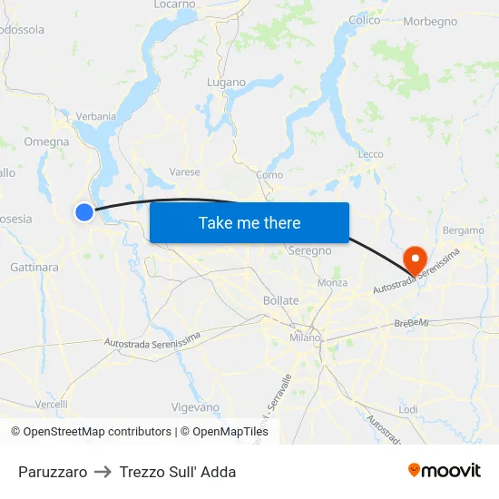 Paruzzaro to Trezzo Sull' Adda map