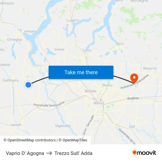 Vaprio D' Agogna to Trezzo Sull' Adda map