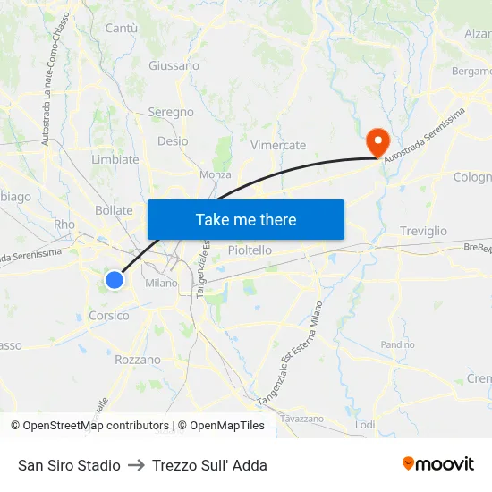 San Siro Stadio to Trezzo Sull' Adda map