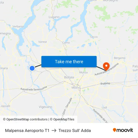 Malpensa Aeroporto T1 to Trezzo Sull' Adda map
