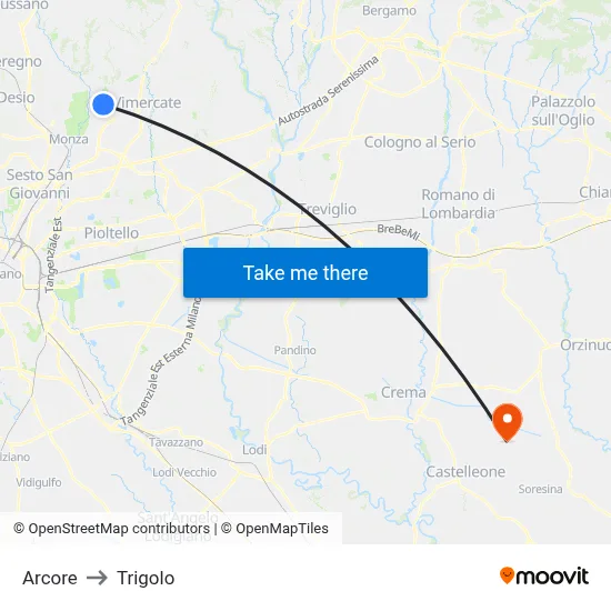 Arcore to Trigolo map