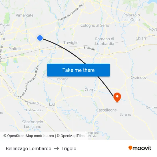 Bellinzago Lombardo to Trigolo map