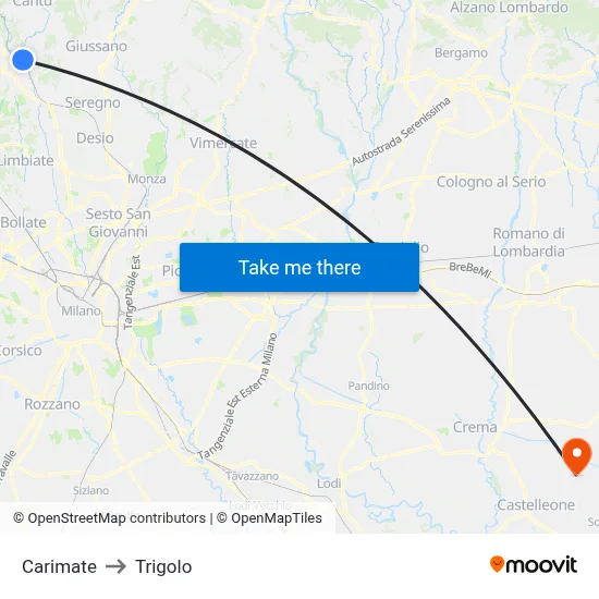 Carimate to Trigolo map