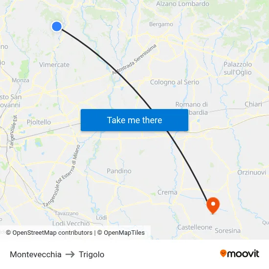 Montevecchia to Trigolo map