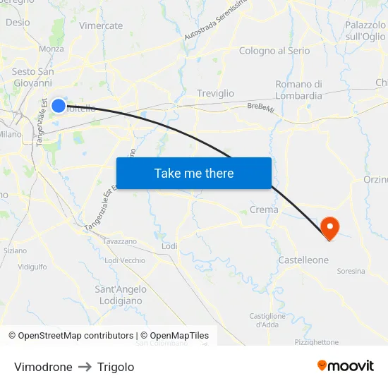 Vimodrone to Trigolo map