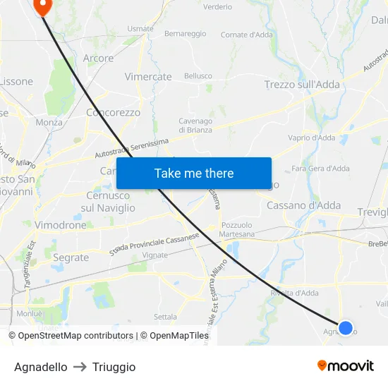 Agnadello to Triuggio map