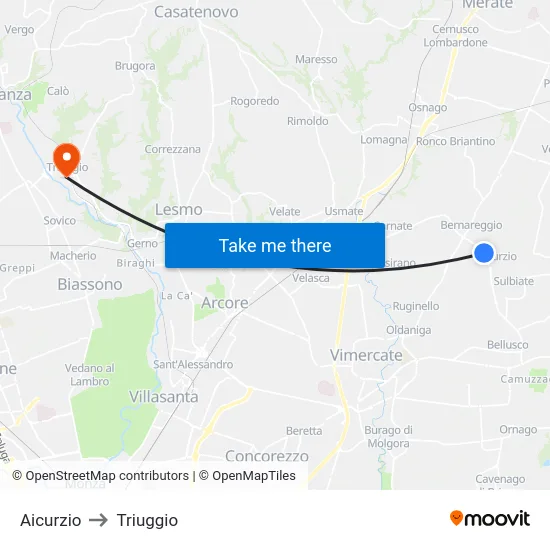 Aicurzio to Triuggio map