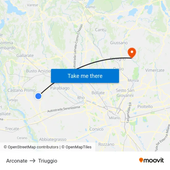 Arconate to Triuggio map