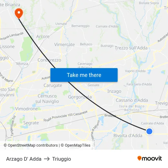 Arzago d'Adda to Triuggio map