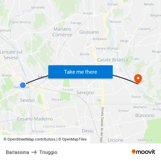 Barlassina to Triuggio map
