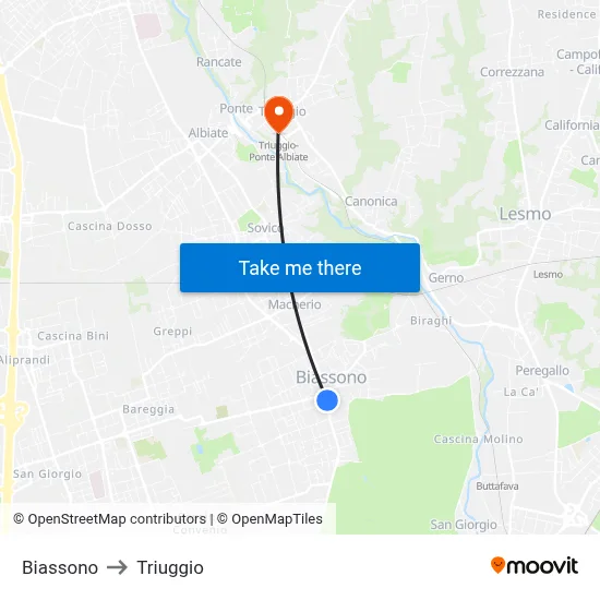 Biassono to Triuggio map