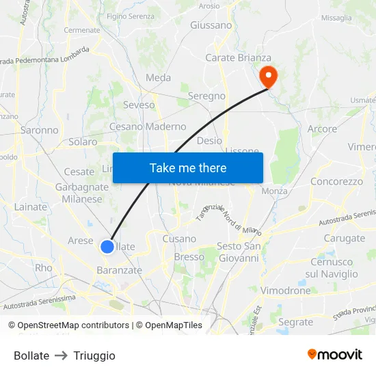 Bollate to Triuggio map