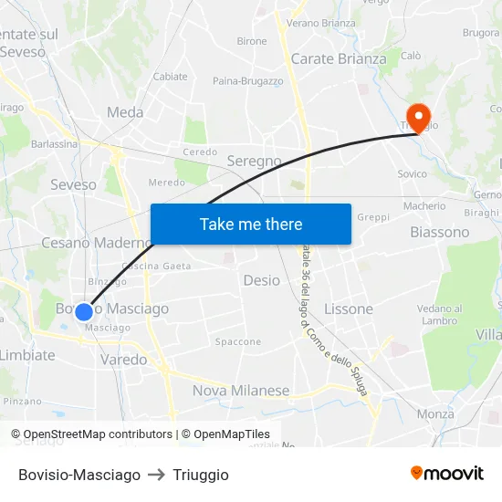 Bovisio-Masciago to Triuggio map