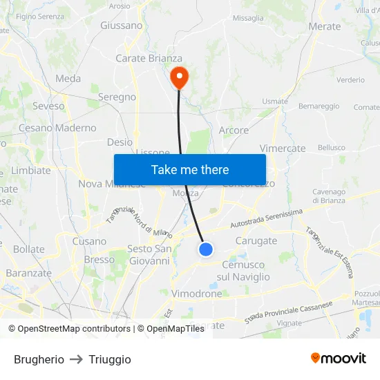 Brugherio to Triuggio map