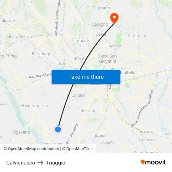 Calvignasco to Triuggio map