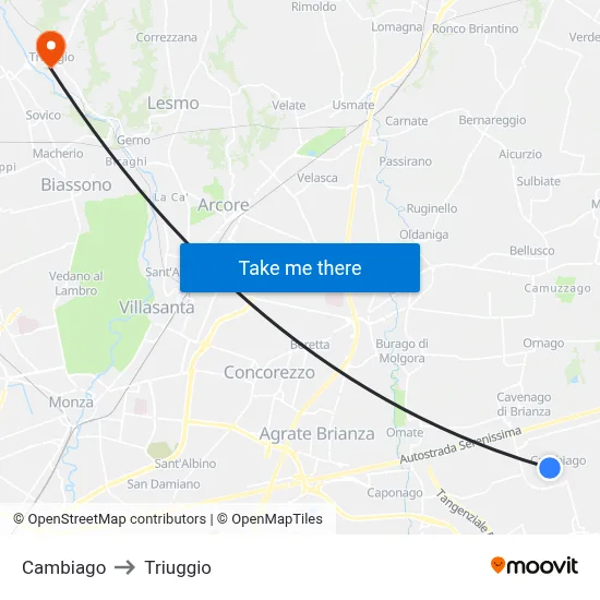 Cambiago to Triuggio map