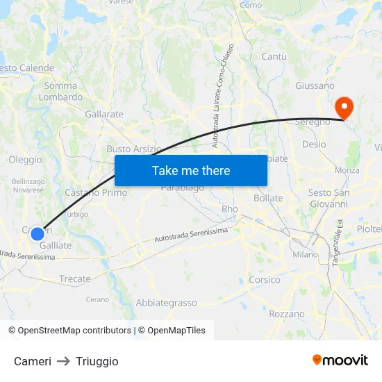 Cameri to Triuggio map