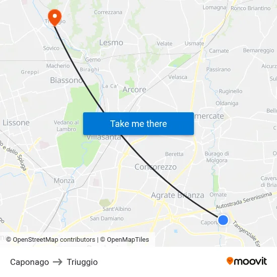 Caponago to Triuggio map