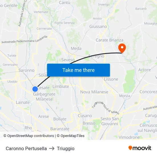 Caronno Pertusella to Triuggio map