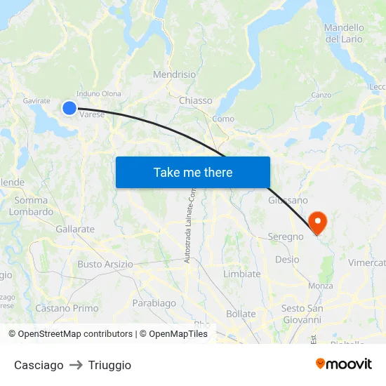 Casciago to Triuggio map