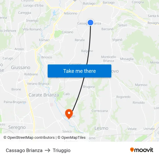 Cassago Brianza to Triuggio map
