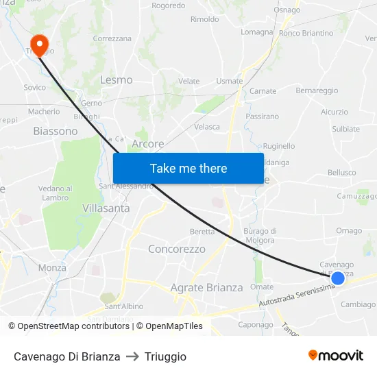 Cavenago Di Brianza to Triuggio map