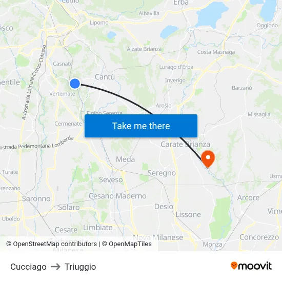 Cucciago to Triuggio map