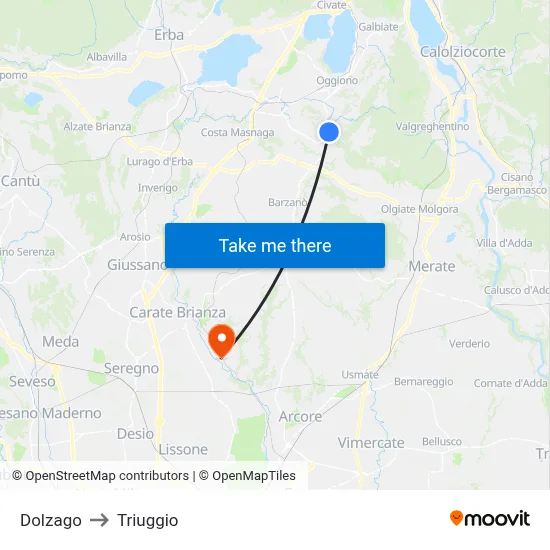Dolzago to Triuggio map
