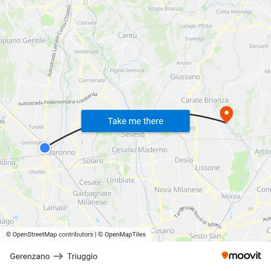 Gerenzano to Triuggio map
