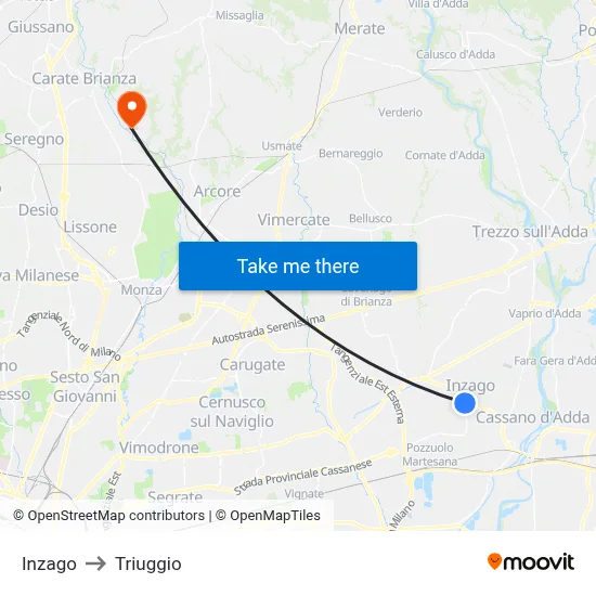 Inzago to Triuggio map