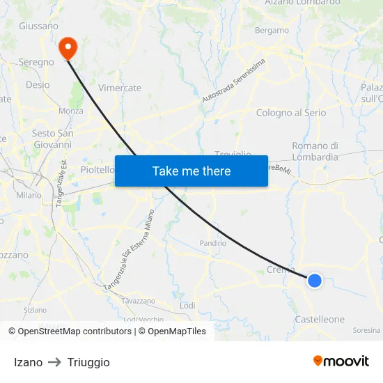Izano to Triuggio map