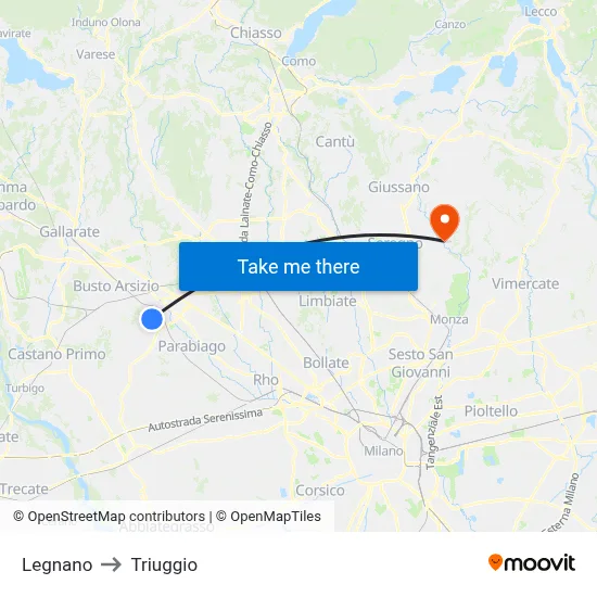 Legnano to Triuggio map