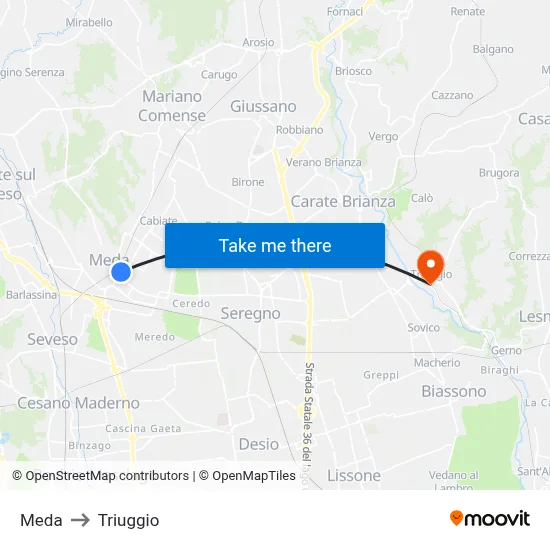 Meda to Triuggio map