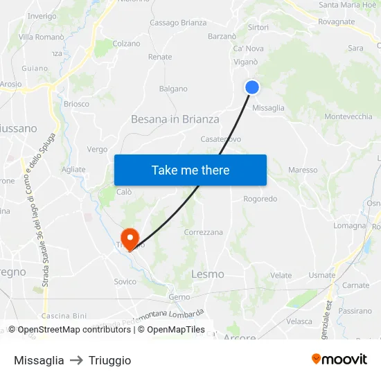 Missaglia to Triuggio map