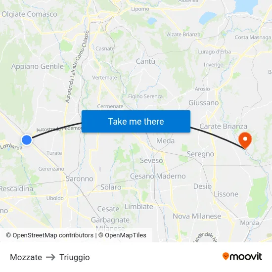 Mozzate to Triuggio map