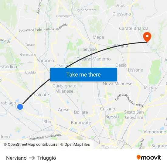 Nerviano to Triuggio map