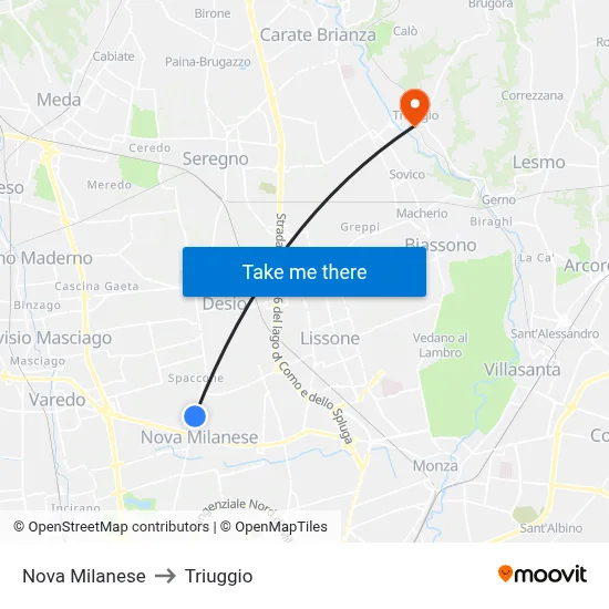 Nova Milanese to Triuggio map