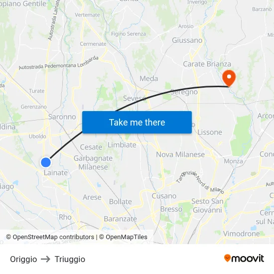 Origgio to Triuggio map