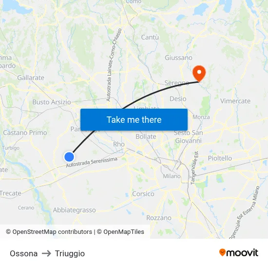 Ossona to Triuggio map
