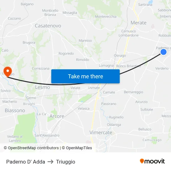 Paderno D' Adda to Triuggio map