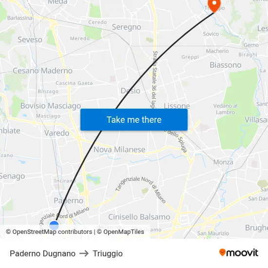 Paderno Dugnano to Triuggio map