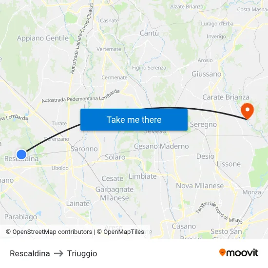 Rescaldina to Triuggio map