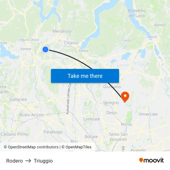 Rodero to Triuggio map